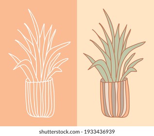 palm into flower pot with cream colors set. vector illustration