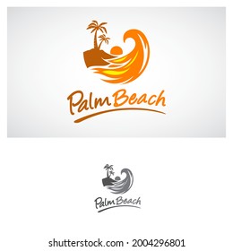 palm, island, and beach wave logo design template in orange tone color.