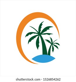 palm island on summer sunset logo. palm beach logo business vector template icon