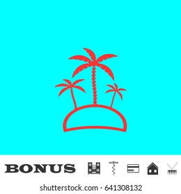 Palm island - Travel icon flat. Red pictogram on blue background. Vector illustration symbol and bonus buttons Music center, corkscrew, credit card, house, drum