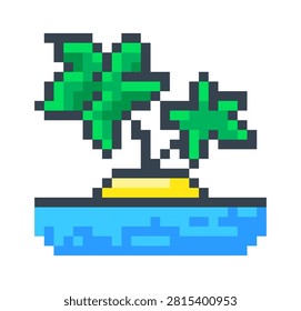 Palm island with two trees on a tiny sand cay surrounded by sea, rendered in chunky pixel blocks. Symbol of escape, holiday, and solitude with retro game vibe. Cartoon vector illustration.