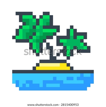 Palm island with two trees on a tiny sand cay surrounded by sea, rendered in chunky pixel blocks. Symbol of escape, holiday, and solitude with retro game vibe. Cartoon vector illustration.