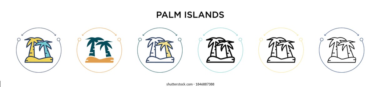 Icono de Palm Islands en el estilo relleno, delgado, contorno y trazo. Ilustración vectorial de dos islas de palma negras y coloreadas se pueden utilizar para móviles, ui, web