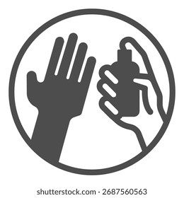 Palm and jar of antiseptic solid icon, washing hands concept. Vector graphics. Antiseptic bottle in hand sign on white background, glyph style icon for mobile or web design