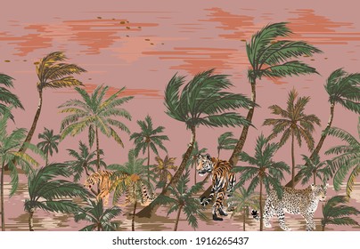 Palm jungle Landscape Vector illustration Art Seamless Pattern On Dark-Pink Background Wallpaper With Safari Animal, Tiger, Leopard, Sand Beach 