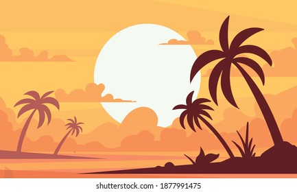 Palm landscape,sunset on the beach of paradise island