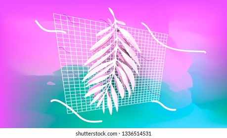 Palm leaf with abstract shapes and grid on the gradient background. Vaporwave style illustration, aesthetic.