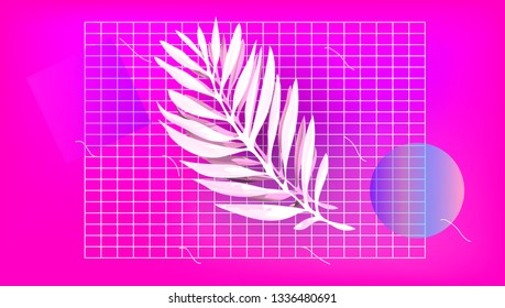 Palm leaf with abstract shapes on the pink background. Vaporwave style illustration, aesthetic.