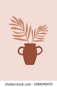 Palm leaf in abstract vase art print. Hand drawn trendy flat vector illustration