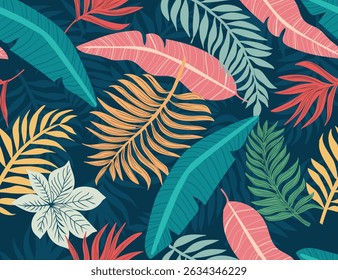 Palm leaf, banana leaves, jungle plant, exotic foliage botanical background. Hawaiian tropical seamless hand draw pattern, for summer design, floral prints, wallpaper

