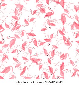 Palm Leaf and with Cartoon Pink Flamingo. Seamless Pattern Background. Vector Illustration. EPS10