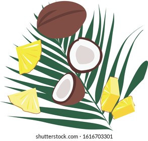 Palm leaf with chopped coconut and pineapple