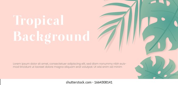 Palm leaf in the corner of pink background. Tropical exotic leaf with shadow. Minimal, minimalist flat lay style banner. Skin or flesh color backdrop. Vector illustration