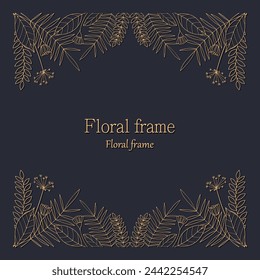 Palm leaf design with gold outline, gold floral border and frame with palm branches and flowers.