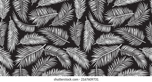 Palm leaf feather vector seamless pattern, white silhouettes on black background, summer print, jungle tree texture, foliage exotic wallpaper. Monochrome illustration