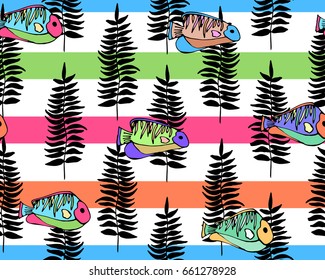 Palm leaf and fish stripes seamless pattern. Vector illustration.