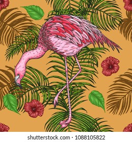 Palm leaf with flamingo pattern by hand drawing.Monstera vector seamless on vintage background.Vector leaves art highly detailed in line art style.Monstera is plant of tropical.