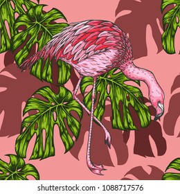 Palm leaf with flamingo pattern by hand drawing.Monstera vector seamless on vintage background.Vector leaves art highly detailed in line art style.Monstera is plant of tropical.
