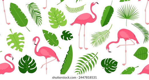 Palm leaf and flamingo seamless pattern, tropical tree and swan background, jungle plant, exotic foliage and bird print. Cartoon summer floral and animal  textile. Hawaiian vector illustration