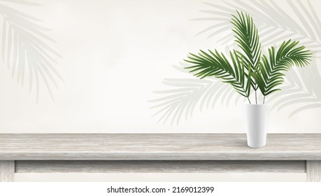 palm leaf in flower pot, green fern in white vase on wood shelf. decor in home interior with wooden shelves on wall. vector illustration