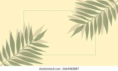 Folha de palma e moldura em um fundo amarelo. Papel de parede tropical botânico com folhas de palma. 