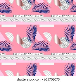 Palm leaf and geometric abstract element on a pink background. Aesthetic trendy pattern with shapes rose gold, copper color. Vector seamless pattern EPS 8