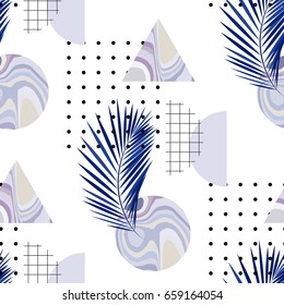 Palm leaf and geometric abstract element on a white background. Aesthetic trendy pattern with marble shapes. Vector seamless pattern EPS 8