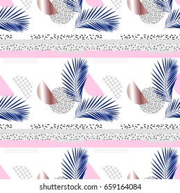 Palm leaf and geometric abstract element on a white background. Aesthetic trendy pattern with shapes rose gold, copper color. Vector seamless pattern EPS 8