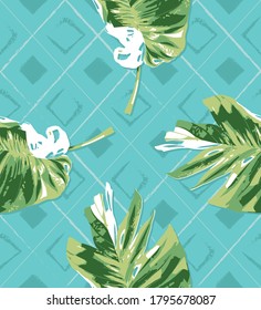 Palm Leaf with Geometric background Seamless Pattern