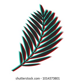 Palm leaf with glitch effect. Color channel distorted vector illustration of tropical exotic palm leaf. 