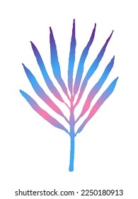 Palm leaf with a gradient of blue, pink, purple. Eco-friendly hand drawing. Tropics, sunset, rest, relaxation. Vector illustration, plant design element. Sunset