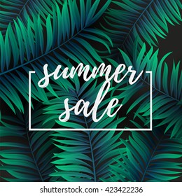 Palm leaf green and cyan color. Summer sale . Web banner or poster for e-commerce, on-line cosmetics shop, fashion & beauty shop, store.  Vector illustration. EPS 10