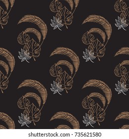 Palm leaf hand drawing. Gold vector illustration. Seamless isolated pattern on a dark background.
