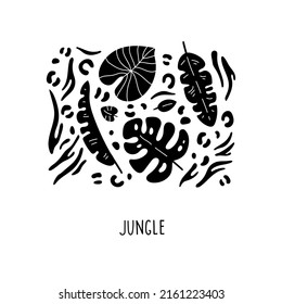 Palm leaf hand drawn flat illustration. Tropical, exotic plant sketch in graphic style. Jungle inscription.