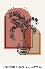 Hoja de palmera en frasco y arcos de carteles de ilustraciones de arte en la pared. Impresión minimalista de arte boho.