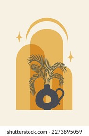 Hojas de palma en un frasco y arcos de un afiche de ilustraciones de arte en la pared. Impresión minimalista de arte boho.