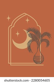 Palm leaf in a jar and arches wall art illustration poster. Minimalist boho art print. Mid century wall art print for bedroom decor
