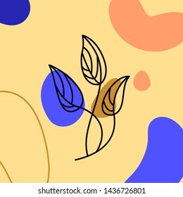 Palm leaf Minimal Line Style. Continuous One Line drawing Abstract Vector Tropical Palm Isolated on a colourful Yellow Background. Logo template, Beauty Concept, t-Shirt Print, postcard, poster