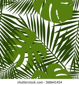 Palm leaf and monstera silhouettes seamless pattern. Vector illustration. Tropical leaves.