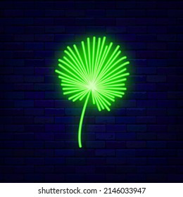 Palm leaf neon icon. Shiny summer concept. Botanical design. Night bright signboard. Outer glowing effect banner. Editable stroke. Vector stock illustration