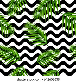 Palm leaf on black waves seamless pattern. Vector Illustration.