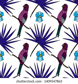 Palm leaf, parrots and orchids. Seamless pattern. Vector illustration.