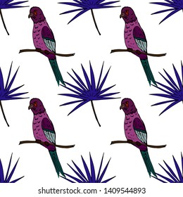 Palm leaf and parrots. Seamless pattern. Vector illustration.