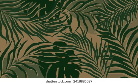 Palm leaf pattern overlaid with green monstera on a brown background. Used for decoration, advertising design, websites or publications, banners, posters and brochures.