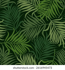 Palm leaf pattern. Seamless tropical foliage. Green jungle leaves, exotic nature background with fronds. Greenery, repeating print for fabric, textile, wallpaper and wrapping. Flat vector illustration
