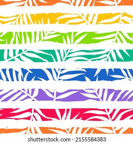 Palm leaf with rainbow color brushed stripes seamless pattern for summer holidays concept.