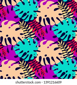 Palm Leaf Seamless Background. Monstera leaf vector pattern