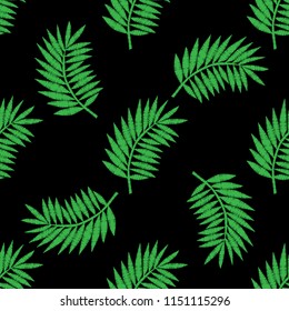 Palm leaf seamless pattern embroidery stitches imitation on the black background. Isolated palm tree leaf.