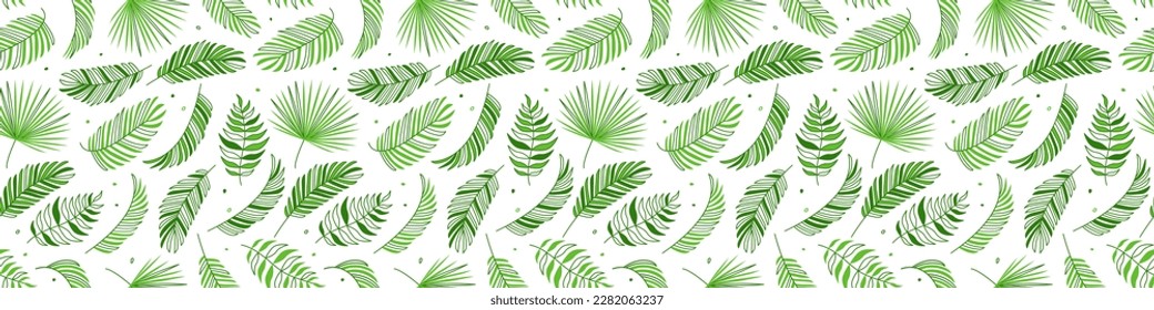 Patrón sin costuras de hojas de palmera, coco de hojas de árbol verde, fondo de verano, follaje tropical, textura de la jungla, huella hawaiana. Ilustración de repetición floral