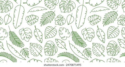 Patrón sin fisuras de hojas de palma, arte de línea de plantas verdes, fondo de follaje tropical, Fondo de pantalla floral exótico, diseño de contorno de rama hawaii de verano. Hojas de dibujo ornamento, selva bg. Ilustración vectorial